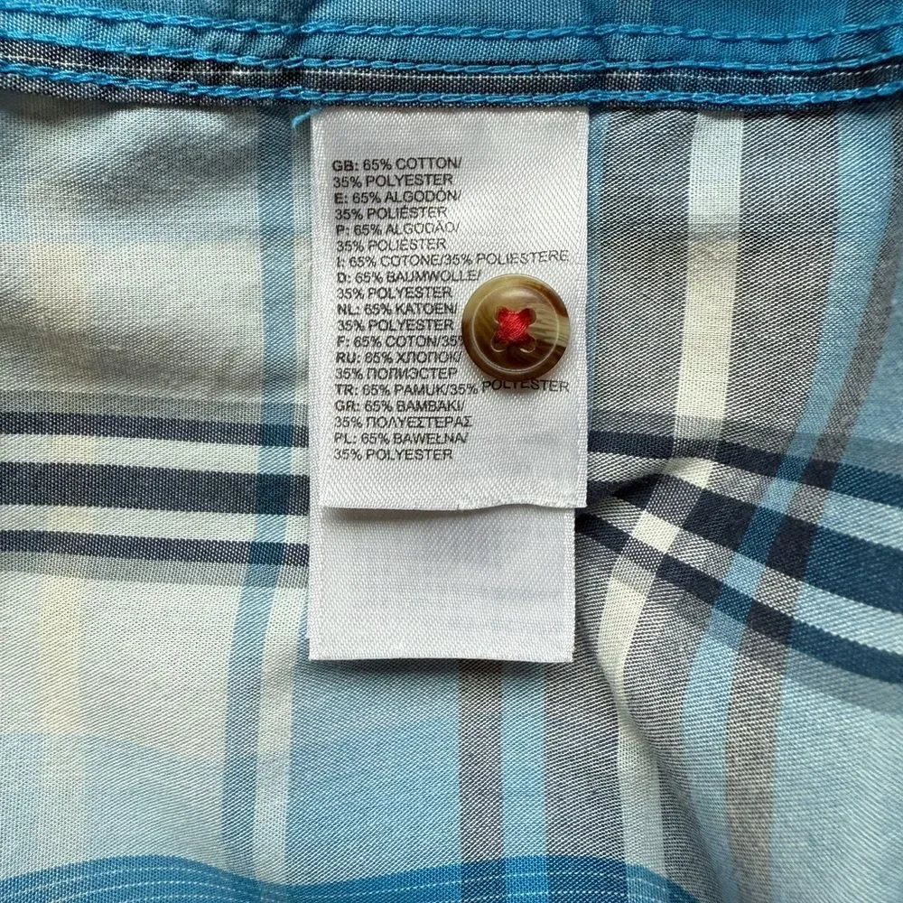 The Northface Large Blue Plaid Men's Shirt Short Sleeve Button Front.